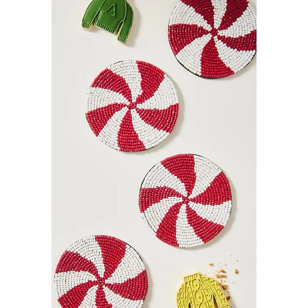 Anthropologie Beaded Candy Coasters Set Of 4 Holiday Red White Peppermint NWT